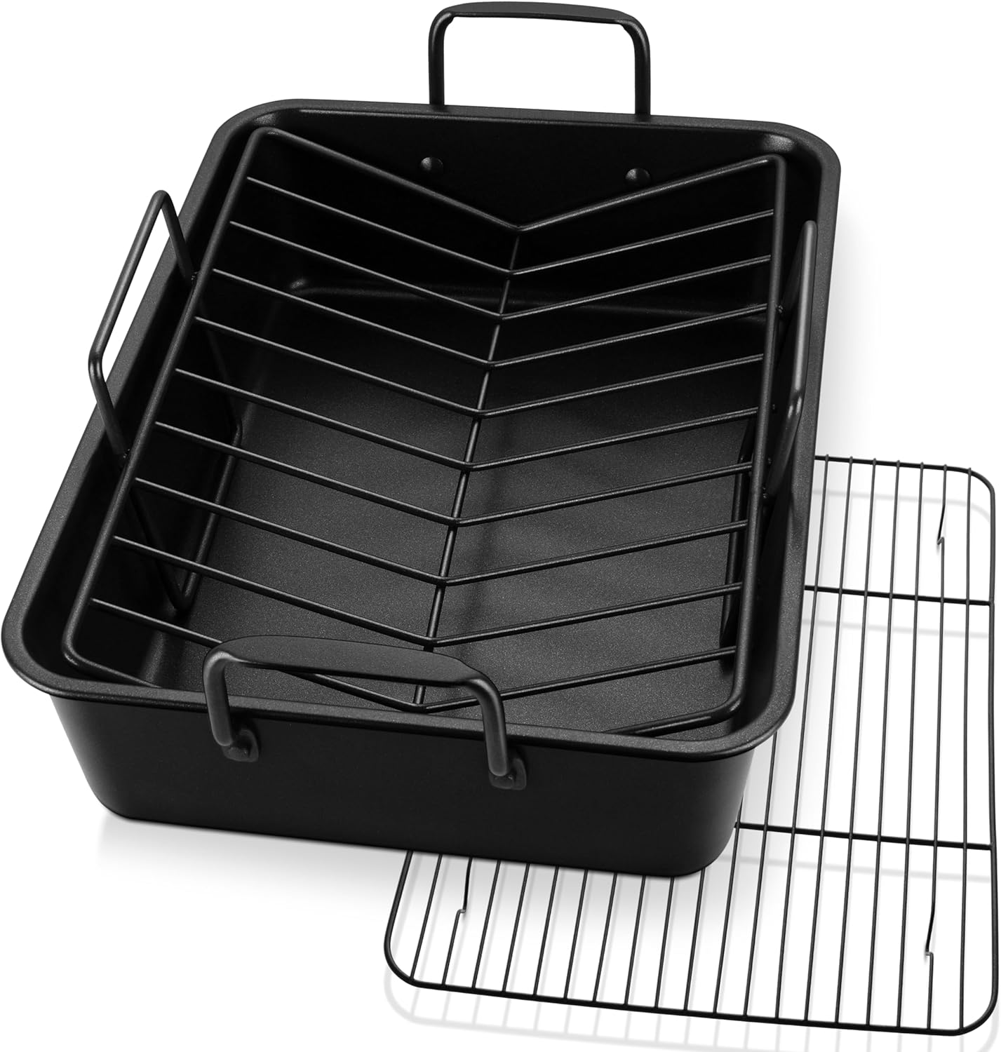 P&P CHEF 16" Roaster Roasting Pan with Baking Rack and V-shaped Rack, Stainless Steel Rectangular Lasagna Pan with Handles for Turkey Chicken, Healthy & Dishwasher Safe, 3 Pieces, Black