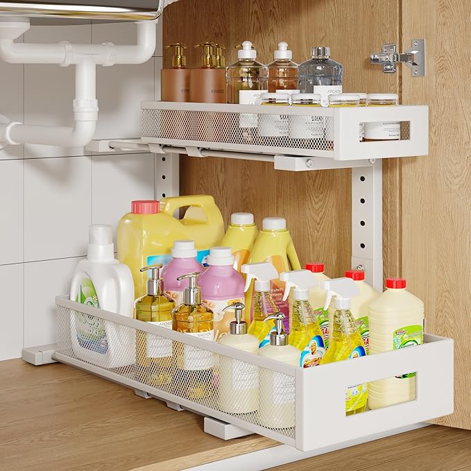 1 Pack 19IN Depth Under Sink Storage Organizer, Large 2-Tier Elegant Mesh Pull Out Shelf for Kitchen and Bathroom Cabinet Organization, L-Shaped and Adjustable Height Design-White