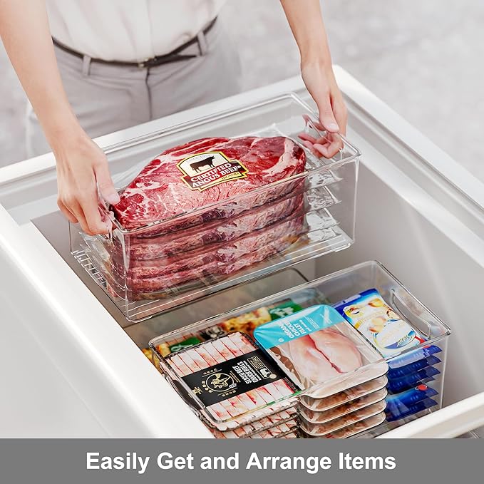 2 Pack Clear Freezer Organizer Bins Stackable Storage Bins with Side Handles for Kitchen Pantry Cabinet Organzation and Storage