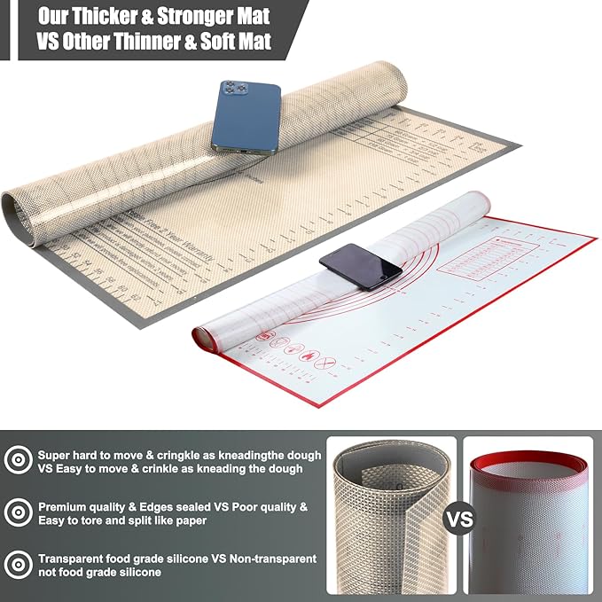 Silicone Baking Mat 36x24 Inch Nonstick Pastry Mat Perfect for Dough Mat, Pastry Board, Kitchen Counter Mat - For Dough, Pastry, Pie Crust, Fondant, Cookies, Bread, Pasta/Pizza, Grey