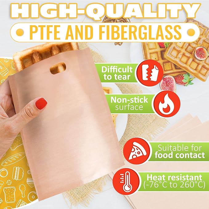 12Pcs Non-Stick Toaster Bags Reusable – 6.7"x7.5" Grilled Cheese Bags, Heat-Resistant & Easy to Clean | Mess-Free Toasting, Sandwiches, Panini & More | Compatible with Toaster, Oven, Microwave & Grill