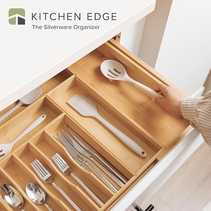 Premium Silverware, Flatware and Utensil Organizer for Kitchen Drawers, Food-Safe Contract Grade, Expandable from 16 to 28 In, Natural Bamboo