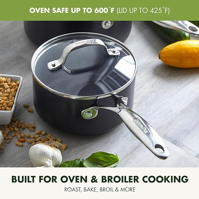 GreenPan Valencia Pro Hard Anodized Healthy Ceramic Nonstick 1.66QT and 3.3QT Saucepan Pot Set with Lids, PFAS-Free, Induction, Dishwasher and Oven Safe, Gray