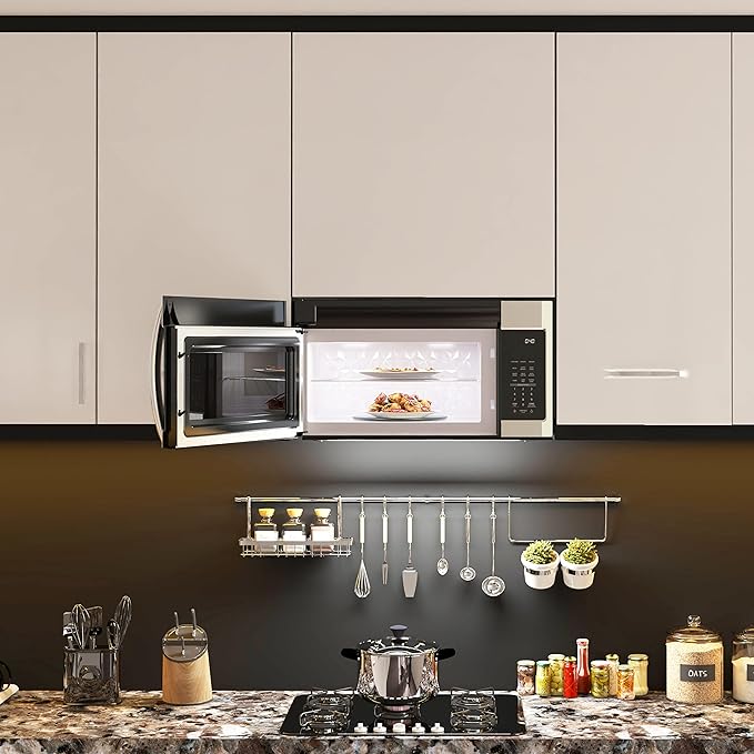 KoolMore KM-MOT-2SS Range Microwave Oven Lamp and 300CFM Recirculation Vent Hood, Auto Cook Menus, Reheat Function, 11 Power Levels, Timer, and Weight Defrost, 30 in/1.9 Cu. Ft, Silver