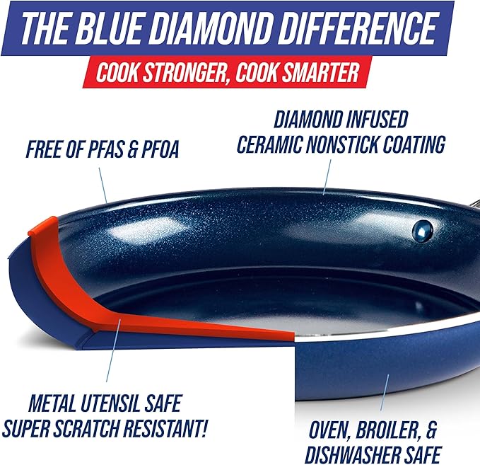 Blue Diamond 10" Nonstick Frying Pan Skillet, Diamond Infused PFAS & PTFE-Free Ceramic Pot, Dishwasher & Oven Safe, Stay Cool Handle, Durable Non Toxic Metal Utensil Safe, Egg & Omelet Pan, Blue