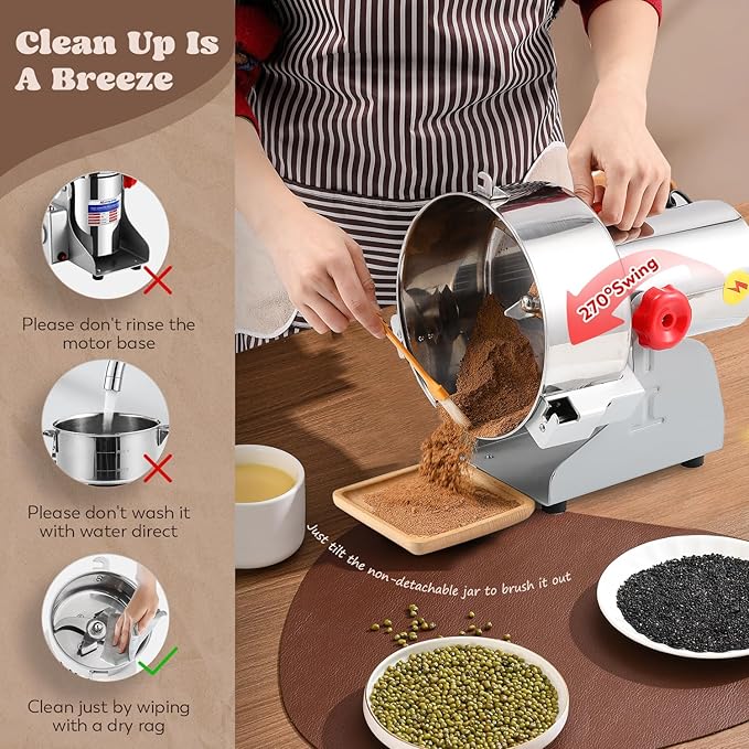 Moongiantgo 2000g Grain Mill Grinder Commercial Spice Grinder 3000W Stainless Steel Electric Pulverizer Dry Grinding Machine for Wheat Corn Rice Pepper Herbs Coffee Beans (2000g Swing, 110V)