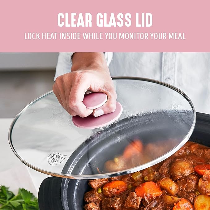 GreenLife 6QT Slow Cooker, Non-Toxic PFAS-Free Ceramic Nonstick Removable Interior Bowl, Programmable, Family Friendly, Keep Warm, Stovetop & Oven Safe, Dishwasher Safe Parts, Timer, Glass Lid, Pink