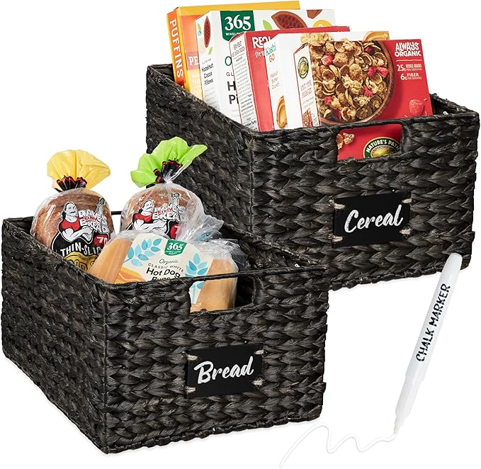 Best Choice Products Pantry Baskets Set of 2 16x12in Water Hyacinth Storage Baskets, Woven Wicker Organizers with handles w/Chalkboard Label Chalk Marker - Black