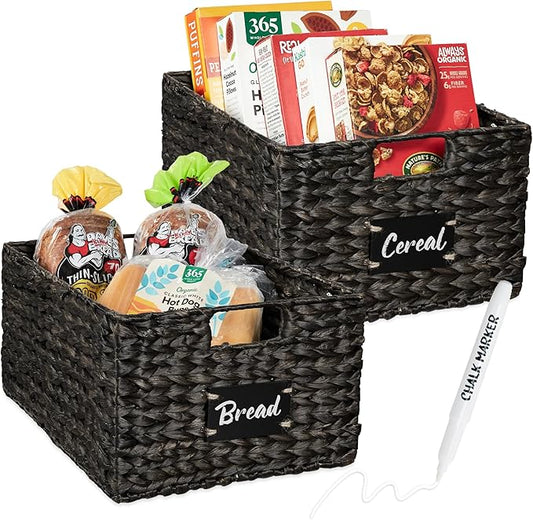 Best Choice Products Pantry Baskets Set of 2 16x12in Water Hyacinth Storage Baskets, Woven Wicker Organizers with handles w/Chalkboard Label Chalk Marker - Black