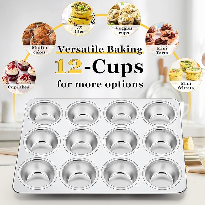 Homikit 2 Pack Muffin Pan, Stainless Steel Cupcake Tin with 12 Cups Regular Size, 13.8" x 10.4" Nonstick Metal Egg Bites Tray for Oven Baking, Non Toxic & Rust Free, Easy Release & Dishwasher Safe