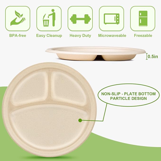 Compartment Plates - Disposable, 9 inch, 100 Pack, Biodegradable, Heavy Duty with Dividers