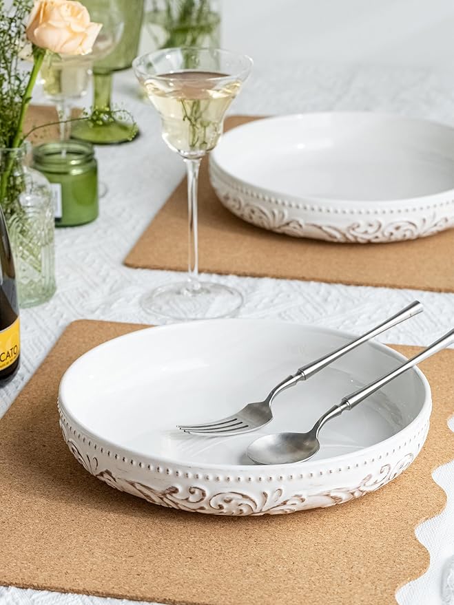 YHOSSEUN 9.75" Large Pasta Bowls, 50 OZ Salad Bowl Ceramic Serving Bowls Set of 4, Wide and Shallow Kitchen Bowl Plates Pasta Plates, Antique Morning Glory