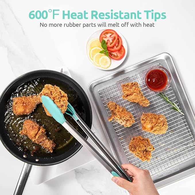 600ºF Heat Resistant Kitchen Tongs: U-Taste 16 in Extra Long Large Silicone Cooking Tong with Sturdy Non Stick Rubber Tips & Non Slip Silicon Coated 18/8 Stainless Steel Handle for Grill BBQ(Aqua Sky)