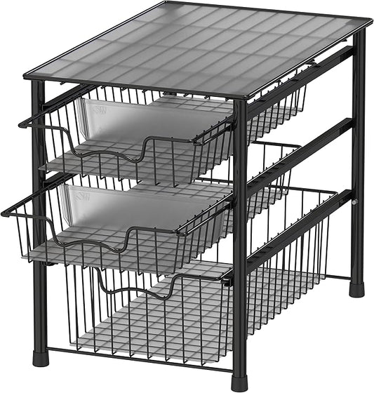 Simple Houseware 3-Tier Stackable Sliding Basket Storage Organizer Drawer for Bathroom and Kitchen, Black