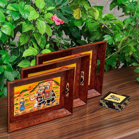 Swadeshi Blessings Wooden Serving Tray Set- Handcrafted & Hand-Painted for Kitchen/Table & Home Decor/Dinning/Gifts/Restaurants/Living Room/Coffee Table (Set of 3 Trays) (Brown)