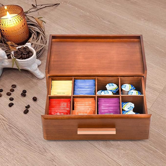 Wooden Tea Bag Organizer, Tea Box Organizer Storage Box, Coffee and Tea Drawer Organizer, Tea Bag Holder Station for Countertop Gift for Tea Lovers Containers for Caddy Packet