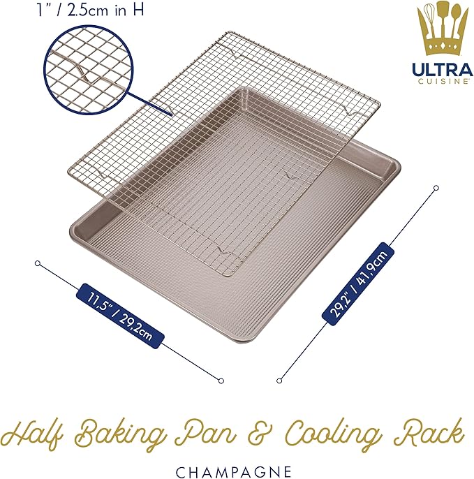 Ultra Cuisine Wire Rack Baking Sheet Pan Set - Half Sheet Pan Set with 100% Stainless Wire Rack - Dishwasher Safe - Steel Reinforced Rim - Aluminum Cooling racks for Cooking and Baking - Champagne