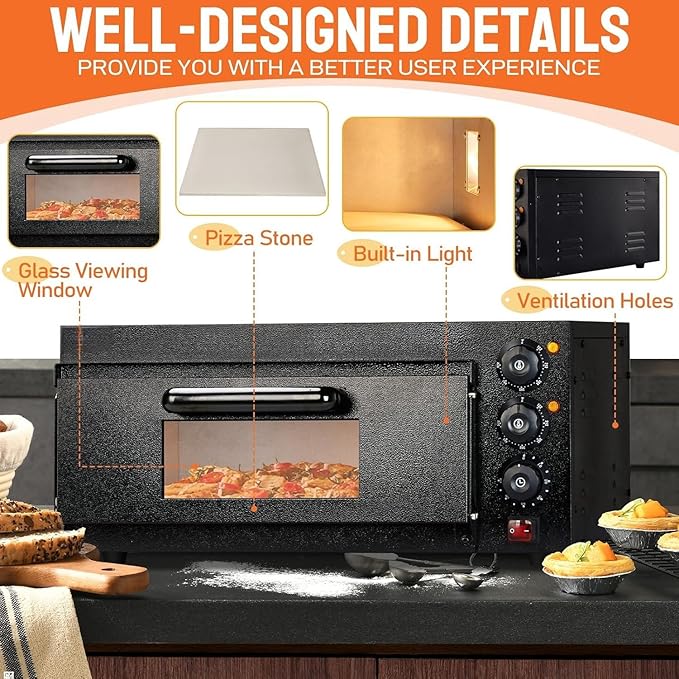 ROVSUN Electric Pizza Oven, 110V 1800W Stainless Steel Pizza Baker with Auto Shut-off, Handle, Removable Crumb Tray, Countertop Pizza Maker for Kitchen Commercial Home-Black