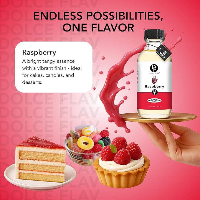Dolce Flav Raspberry Extract (Oil-Soluble) 8 oz – Kosher, Sugar-Free, Concentrated Raspberry Flavoring for Chocolates, Candies & Baking, Includes Measured Dropper