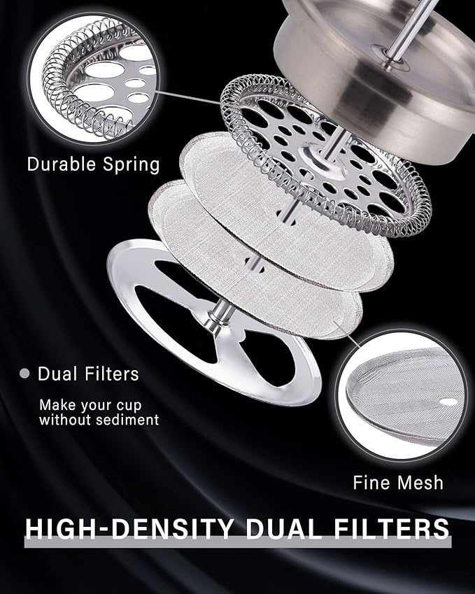 POLIVIAR French Press Coffee Maker, 12 oz Portable French Press with Mini Canister and Collection Bag, Double Wall Insulation & Dual- Filter Screen, Food Grade Stainless Steel for Coffee