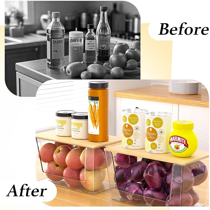 4-Pack Stackable Potato & Onion Storage Bins with Ventilated Design & Removable Dividers - Eco-Friendly Bamboo Vegetable Containers for Pantry, Kitchen Countertop - Garlic, Veggies, Produce Organizer