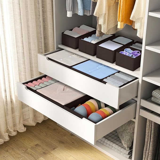 DIMJ Drawer Organizer Clothes, 12 Pack Underwear Organizer, Foldable Closet Organizers, Sock Organizer Bra Organizer, Fabric Dresser Organizer for Clothes, Bra, Socks, Tie (Brown)