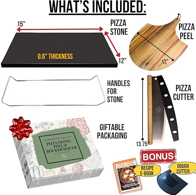 Reversible Ceramic Pizza Stone for Oven - Pizza Stones for Grill with Handles, Pizza Peel, Pizza Cutter, Dough Tool - Bread Baking Stone - 15 inch Ceramic Pizza Pan - Pizza Making Kit - Oven Stone