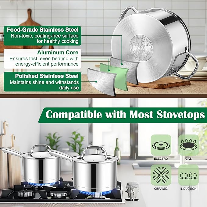 E-far 10-Piece Stainless Steel Cookware Set, Induction Pots and Pans Set with Tri-Ply Base, Non-toxic Kitchen Cooking Set w/Frying Pan, Saucepan, Saute Pan, Stockpot with Lids, Oven & Dishwasher Safe