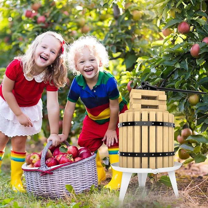 SQUEEZE master Fruit Press-3.17 Gallon/12L-Solid Wood Basket Wine Press-Vintage traditional juicer-6 Press Wooden Blocks-Pole Handle Bar for Juice,Wine,Cider-1 free filter bag included