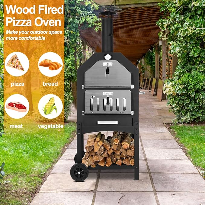 Outdoor Pizza Oven Wood Fired Pizza Oven Patio Portable Pizza Maker Cooking Grill with Wheels Waterproof Cover for Backyard Camping