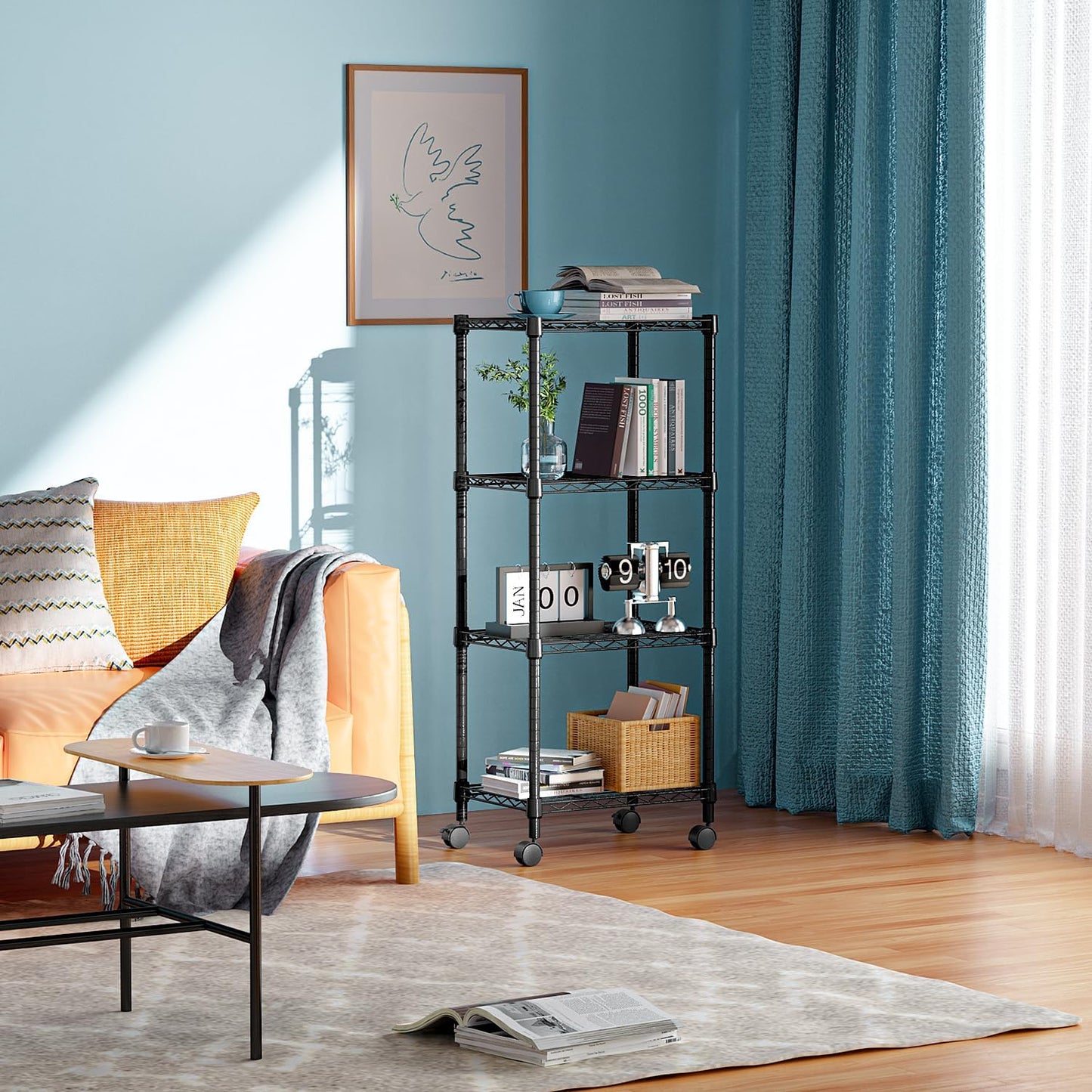 4-Shelf Adjustable Heavy Duty Steel Wire Rack, Adjustable Storage Shelving Unit with Wheel for Kitchen, Garage, Laundry Black 11.8" D x 17.7" W x 40.8" H