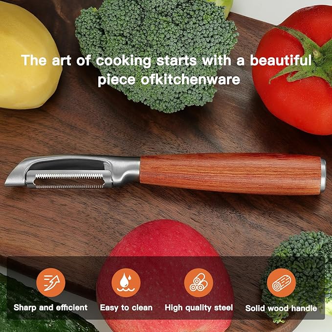 KULUNER，Premium High-End Rosewood Handle and 304 Stainless Steel Serrated Blade - An Ultra-Sharp Rotating Peeler for Potatoes, Fruits, and Vegetables, Ergonomically Designed for Easy Peeling.