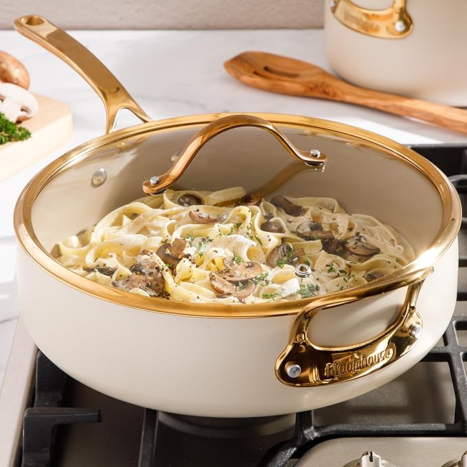 bloomhouse - Oprah's Favorite Things - 6 QT Heavy Duty Aluminum Premium PFA Free Ceramic Nonstick Saute/Deep Frying Pan Skillet with Lid - Almond Cream w/Gold Handle