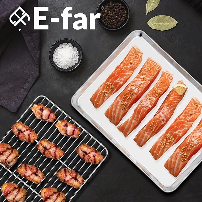 E-far Baking Sheet with Wire Rack (2 Pans + 2 Racks), Stainless Steel Cookie Sheets Pan & Cooling Rack for Baking Cookies/Jelly Rolls, Non Toxic & Heavy Duty, Oven & Dishwasher Safe, 16 x 12 x 1 Inch