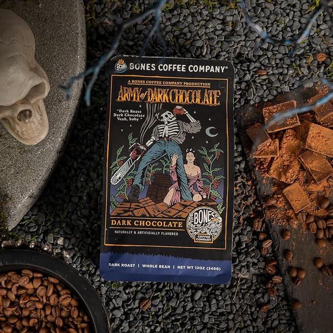 Bones Coffee Company Army of the Dark Chocolate Flavored Coffee, Medium Roast Low Acid Arabica Beans Compatible with Auto drip and French Press Coffee Maker, 12 Oz Ground