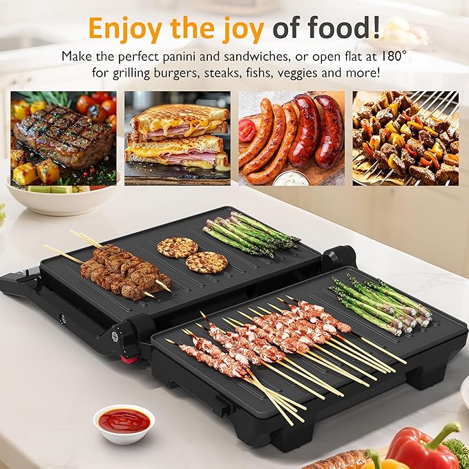Sunvivi Panini Press Sandwich Maker: Electric Panini Press Grill with Locking Lid, Portable Indoor Panini Maker with Nonstick Plates, 1000W Double-sided Grill with 180° Flat Opening, Easy to Clean
