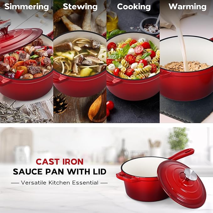 2QT Saucepan with Lid, Onader Enameled Cast Iron Sauce Pan Pot, Small Dutch Oven Cooking Kitchen Pot, Nonstick & Heavy Duty – Red