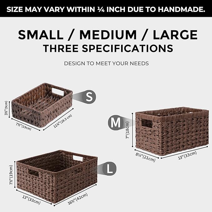 GRANNY SAYS Wicker Baskets with Handles,Small Woven Basket for Storage, Waterproof Storage Basket Organizer,Decorative Storage Boxes for Organing Pantry,Brown Basket,2-Pack,11 1/4''L x 7 1/2''W x 3 1/2''H
