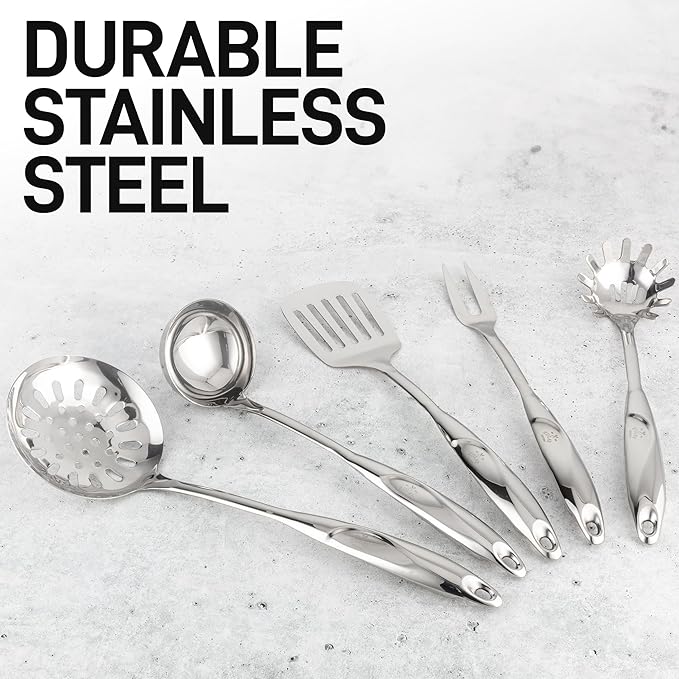 Zulay Kitchen Stainless Steel Cooking Utensil - Stainless Steel Kitchen Utensil - Durable Kitchen Gadgets - Metal Kitchen Accessories - Easy to Clean Kitchen Tools - 5 Piece Set