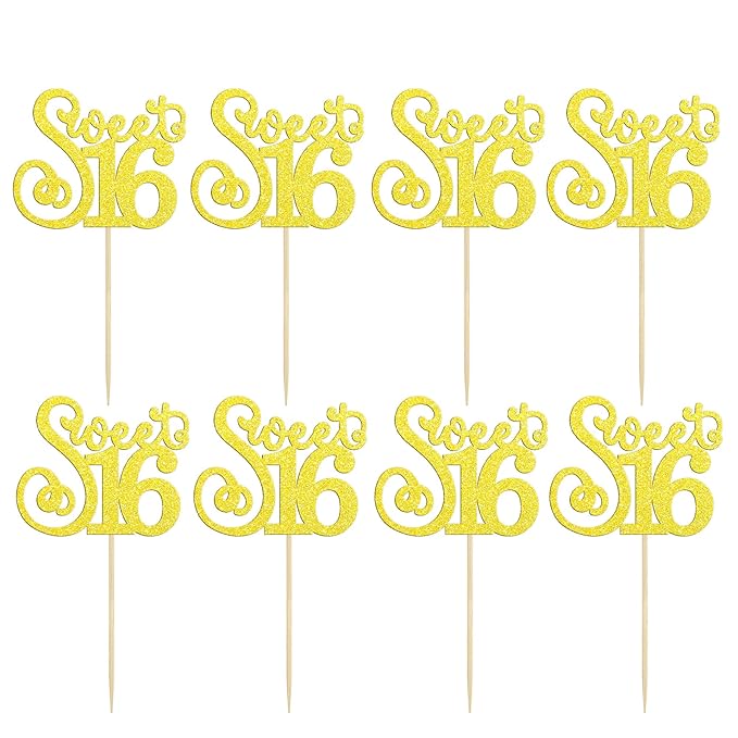 Gyufise 24 Pack 16th Birthday Cupcake Toppers Glitter Sixteen Happy Sweet 16 Cupcake Picks Cheers to 16 Years Old Cupcake Decorations for 16th Birthday Anniversary Party Supplies Multi Gold