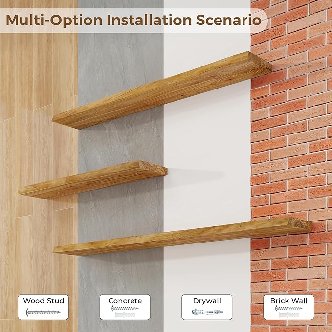 Axeman 72 inch Extra Long Floating Shelves for Wall - 8'' D Live Edge Rustic Solid Elm Wood Floating Shelves Wall Mounted, Wall Shelves with Invisible Bracket for Living Room Bedroom Kitchen, Natural