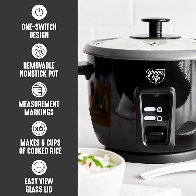 GreenLife Electric Rice Cooker, 3-Cups Uncooked/6-Cups Cooked, Removable PFAS-Free Nonstick Pot, One-Switch Design, Auto Keep Warm, Small Space Saving, Rice Paddle, Soup, Grains, Oatmeal, 1.5 QT, Black