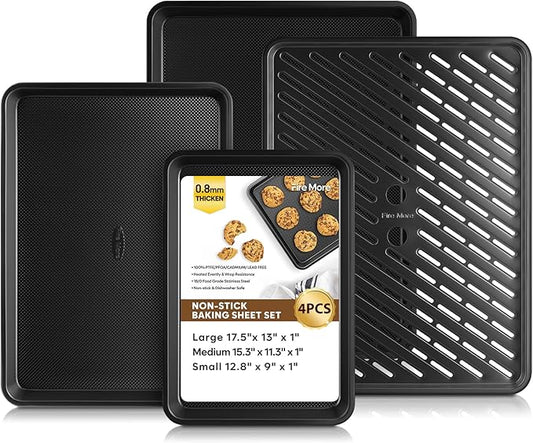 4 Pack Baking Sheet Pan Set Non Stick, Carbon Steel Cookie Sheets for Baking with Wire Rack, Cooling Racks for Cooking and Baking, Thicker Ceramic Half/Quarter/Jelly Roll Baking Trays for Oven