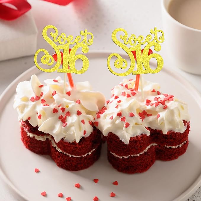 Gyufise 24 Pack 16th Birthday Cupcake Toppers Glitter Sixteen Happy Sweet 16 Cupcake Picks Cheers to 16 Years Old Cupcake Decorations for 16th Birthday Anniversary Party Supplies Multi Gold