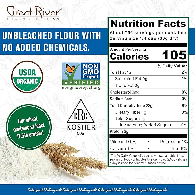 Great River Organic Milling Lily White Organic All-Purpose Flour | Unbleached & Unbromated | Non-GMO, Kosher | Ideal for Bread, Cookies, Cakes, Pizza Dough & Everyday Baking | 50 Lb