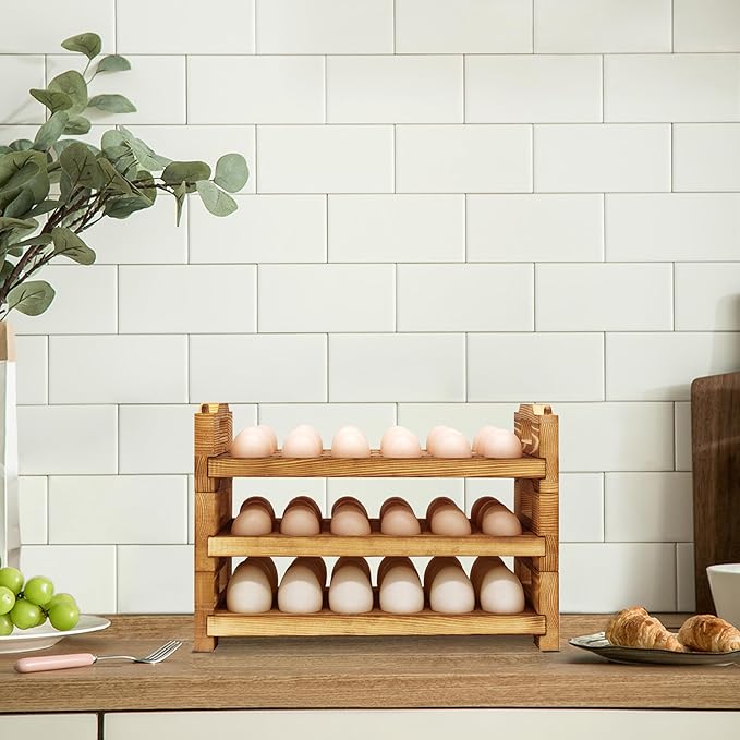 CVHOMEDECO. Wooden Egg Holder Countertop Fresh Egg Holders Firewood Egg Collecting Rack for Gathering Fresh eggs, Stackable with 54 eggs, Home Kitchen Organizer, Set of 3 PCS