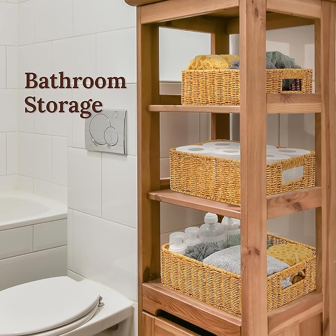 Baskets for Organizing, Undershelf Wicker Storage, Hand Woven Organizer for Closet Organization, Rectangular, Set of 3, Amber