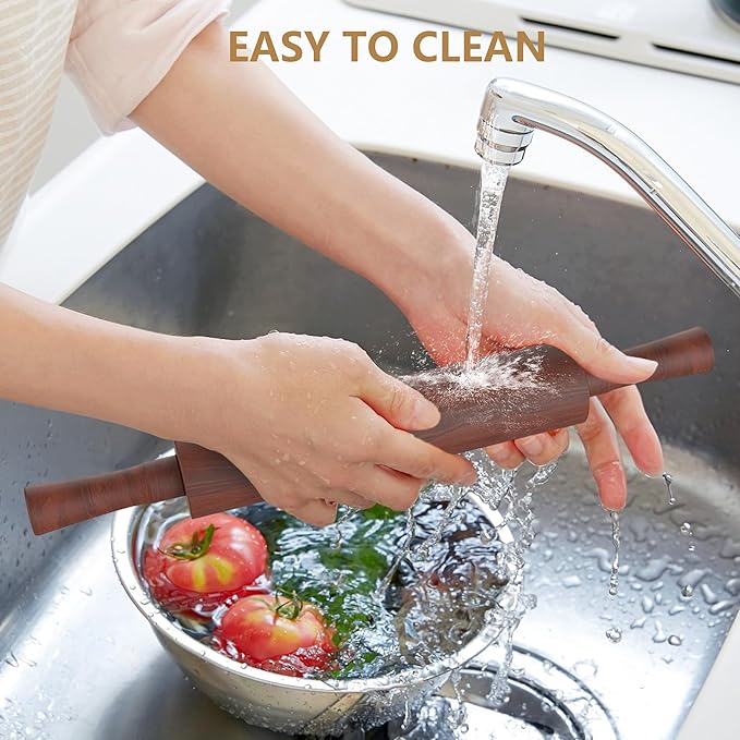 Classic Wooden Rolling Pin with Handle for Fondant, Pizza, Pies, Cookies, Pastries, Rolling Pin for Baking with 3 Multi-Color Thickness Rings, 17" x 2.5" (Include handle) Sapele Rolling Pin