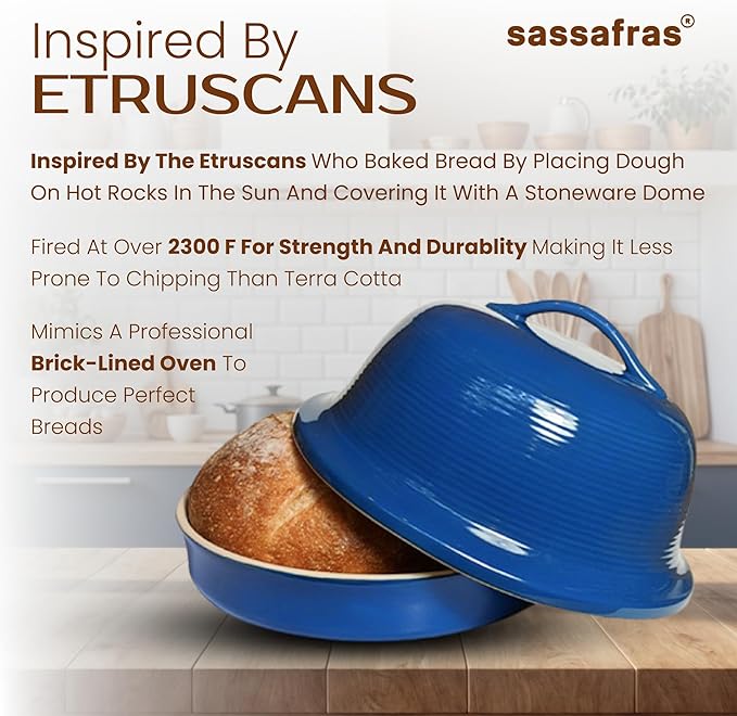 Sassafras Superstone® Stoneware La Cloche® Bread Baker with Blue Glazed Exterior and Unglazed Interior Bakes an Artisan Bread with Crusty Crust and a Light Crumb