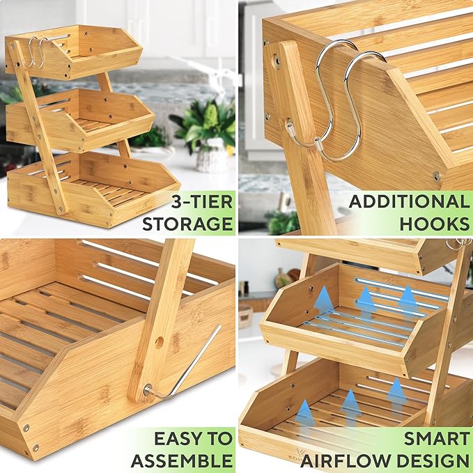 Bamboo Fruit Basket 3-Tier - Premium Produce Basket for Kitchen w/ 2 Hangers - Durable & Easy to Assemble Stand for Countertop - Perfect Holder for Vegetables, Bread, Snacks & More
